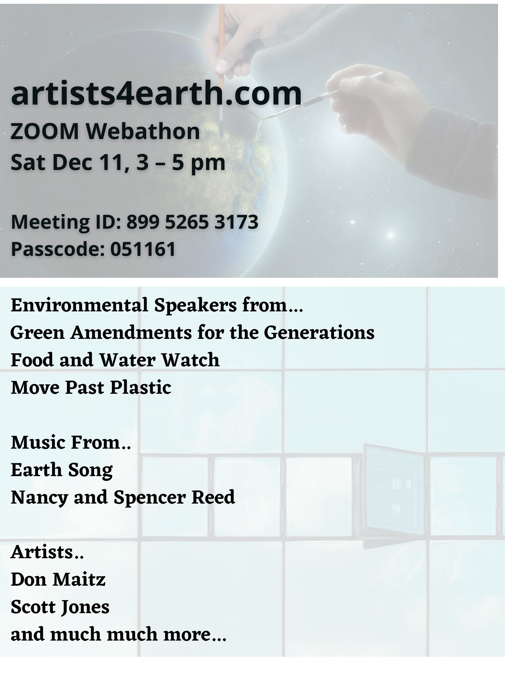 With Music From Earth Song Nancy and Spencer Reed Environmental Speakers from Green Amendments for the Generations Food and Water Watch Move Past Plastic Artists